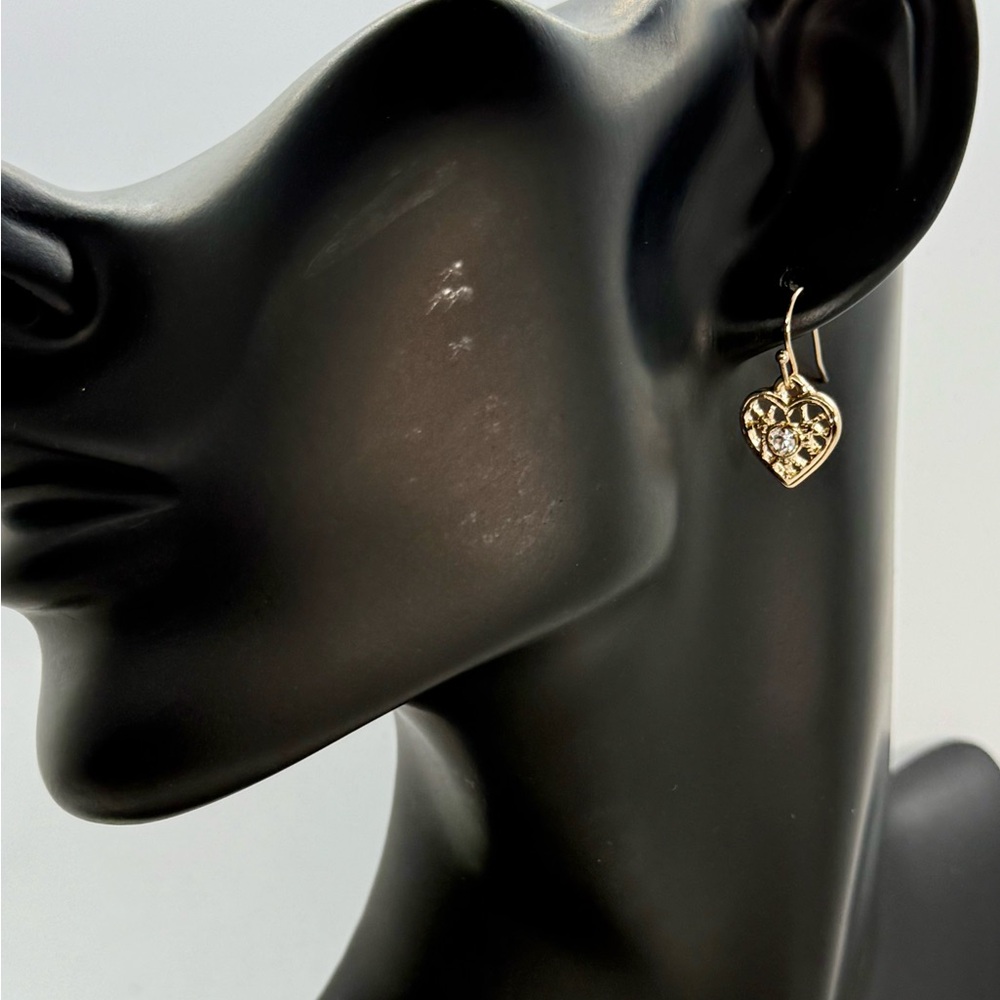 Gold Heart Drop Earrings with Rhinestone Center‎ NWT